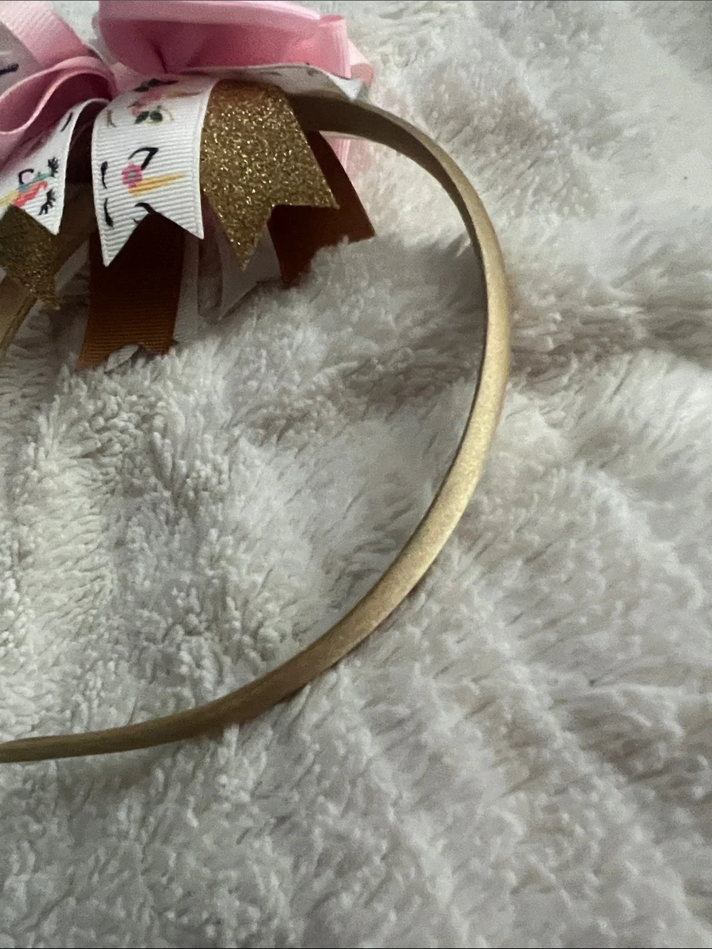 Girls' Gold Headband with Pink Bow and Unicorn Ribbon